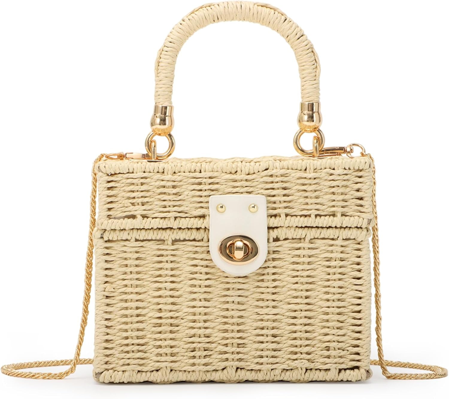 Women Handwoven Rattan Handbag Beach Straw Tote Bag Square Boho Crossbody Bag