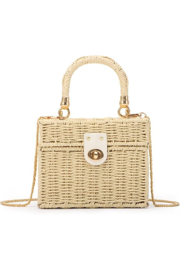 Women Handwoven Rattan Handbag Beach Straw Tote Bag Square Boho Crossbody Bag