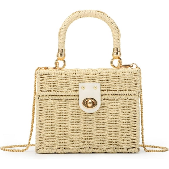 Women Handwoven Rattan Handbag Beach Straw Tote Bag Square Boho Crossbody Bag