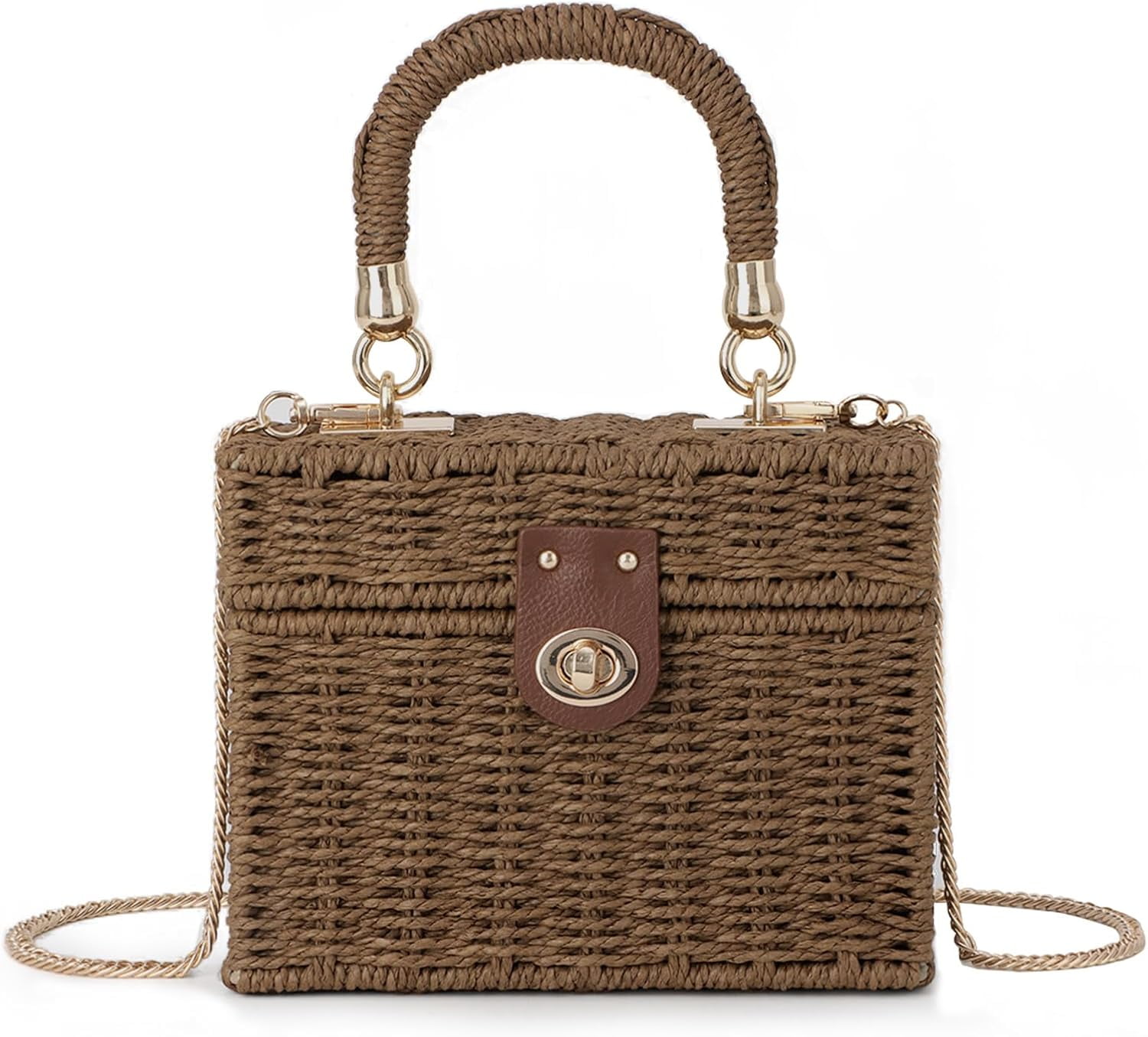 Women Handwoven Rattan Handbag Beach Straw Tote Bag Square Boho Crossbody Bag