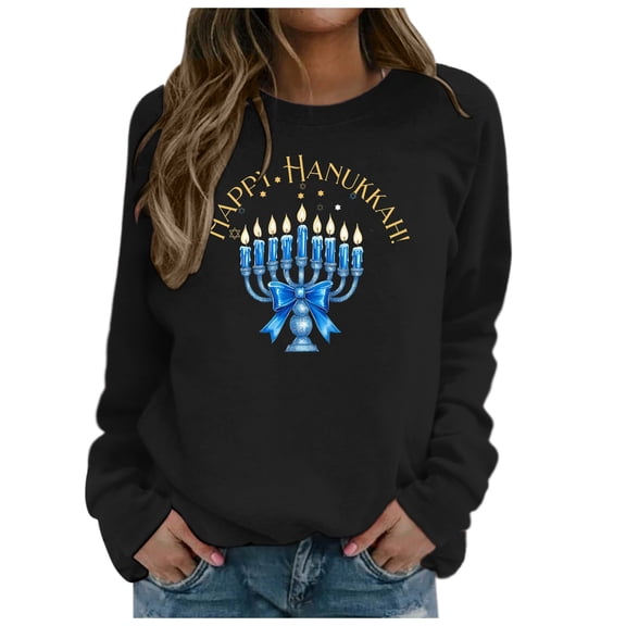 Women Hanukkah Graphic Warm Sweatshirt Ribbed Cuffs Long Sleeve Crew Neck Holiday Lounge Top
