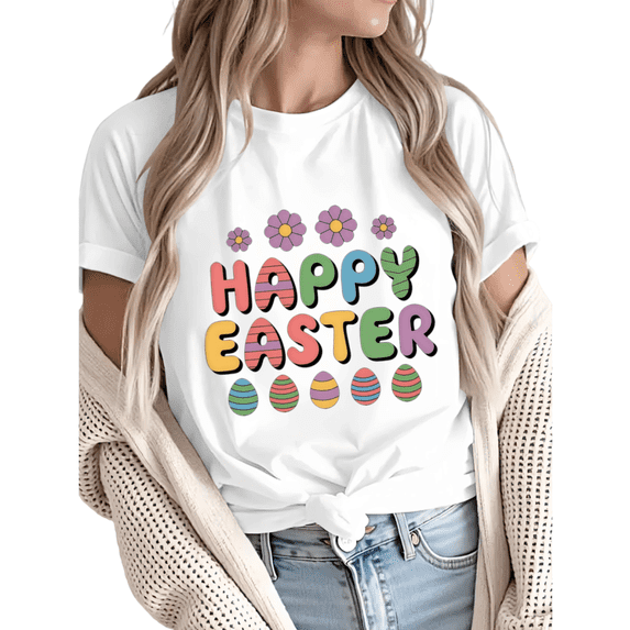 Women Happy Easter Retro Eggs Graphic Tees Cotton Crew Neck T Shirt fun Tops Black S-5XL
