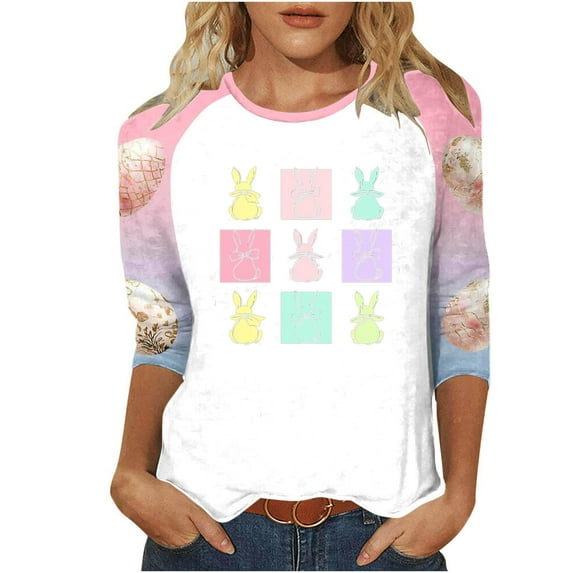 Women Happy Easter's Day Round Neck Tops Cute Rabbit Graphic Sweatshirts Casual Animal Printed Pullover