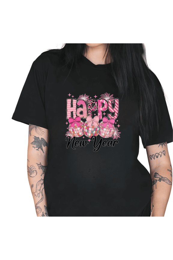 Women Happy New Year Round Neck Printed Cotton T Shirt Graphic Tees Tops Party Casual T Shirt Black S-5XL
