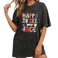 thumbnail image 1 of Women Happy To See Your Face Retro Smiley Graphic Fun Tees Tops Round Neck Washed Cotton T-Shirt Black S-2XL Plus Size, 1 of 5