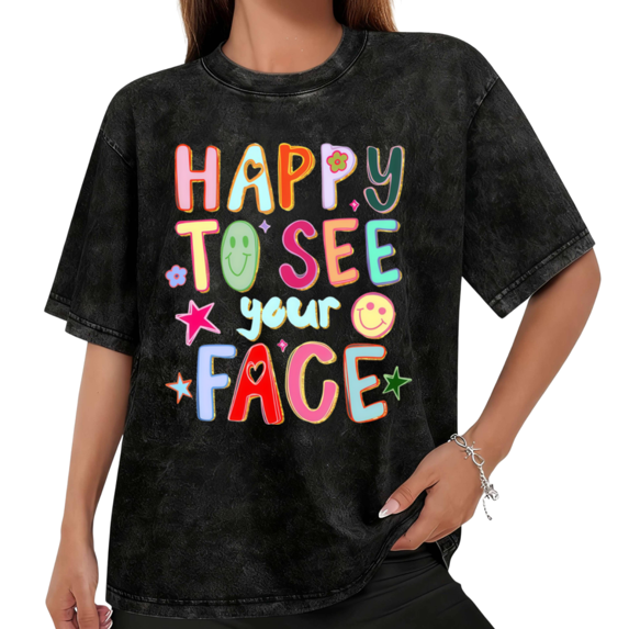 Women Happy To See Your Face Retro Smiley Graphic Tees T Shirt Tops Round Neck Washed Cotton T Shirt Black S-2XL Plus Size