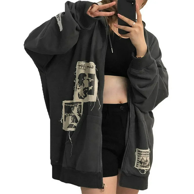 Women Harajuku Long Sleeve Hoodies Jacket Punk Rock Vintage Patch Design  Zip Up Sweatshirt Hip Hop Oversized Loose Cardigan Coat with Pockets