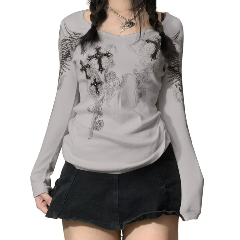 Women Harajuku Long Sleeve Shirt Y2K Skull Print Tops Long Women Harajuku Long Sleeve Shirt Y2K Skull Print Tops Long