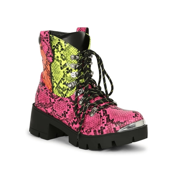Women Hardware Cap Toe Lace-Up Chunky Lug Sole Combat Boot 19557