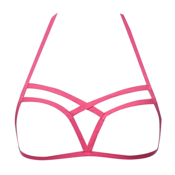 Women Harness Strappy Hollow Out Cross Elastic Cage Bra Cupless Bra Body Lingerie Cupless Cage Bra for Ladies, Hot Pink One Size