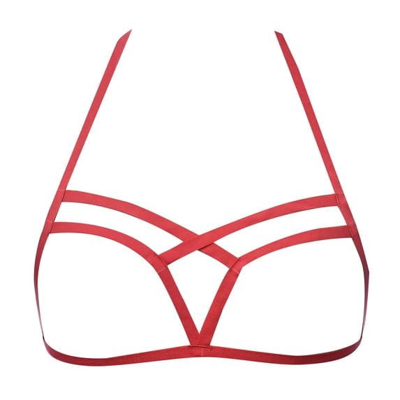 Women Harness Strappy Hollow Out Cross Elastic Cage Bra Cupless Bra Body Lingerie Cupless Cage Bra for Ladies, Red One Size