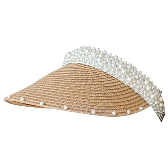 Women Hat Solid Color Big Brim Breathable Adjustable Imitation Pearl Summer Cap Headwear