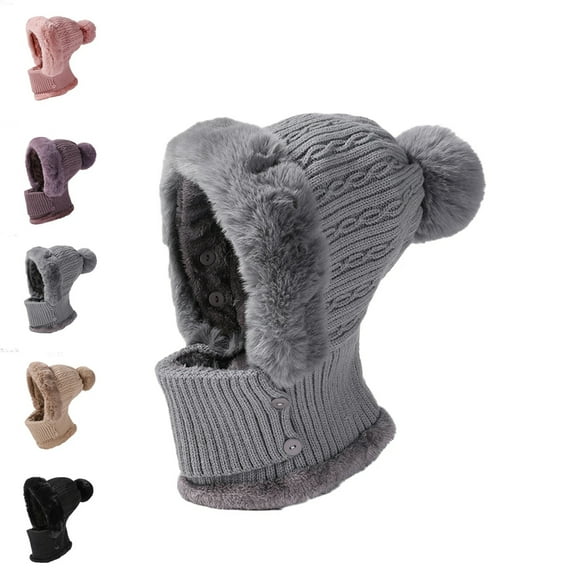 Women Hat Winter Cap Knit Beanie Scarf Set Thick Fleece Ear Flaps Faux Fur Pom Winter Gray Free