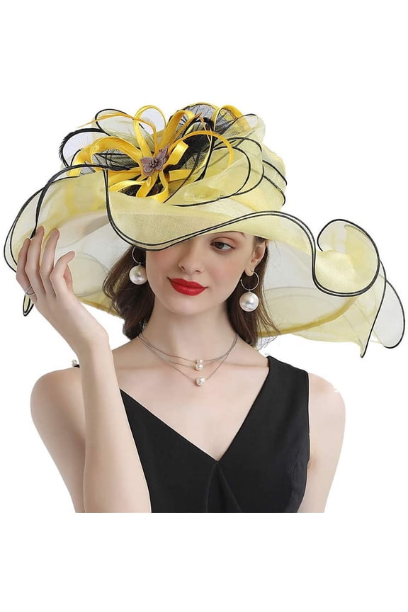 Women Hats Organza Butterfly Decoration Wide Brim Occasion Event Derby Church Dress Sun Hat