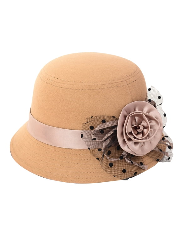 Women Hats, QURATI Felt Cloche Hat Winter Floral Fedora Bucket Bowler Hats for Women Beige