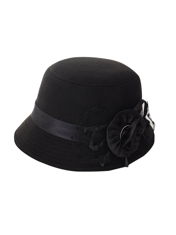 Women Hats, QURATI Felt Cloche Hat Winter Floral Fedora Bucket Bowler Hats for Women Black