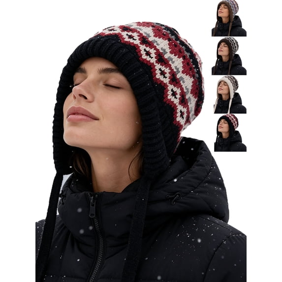 Women Hats for Winter Thick Knit Cozy Winter Ski Hat with Ear Covers,Vintage Pattern