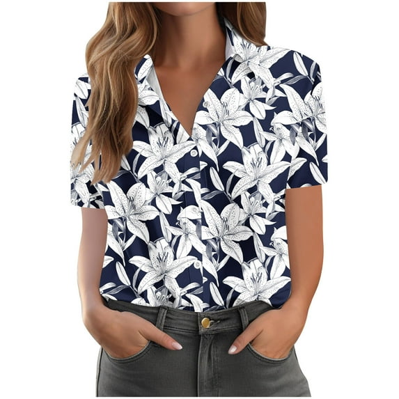 Women Hawaiian Printed Shirt Soft Cool Summer Hawaii Tshirts Plus Size Short Sleeve Button Up Tops V Neck T-Shirt