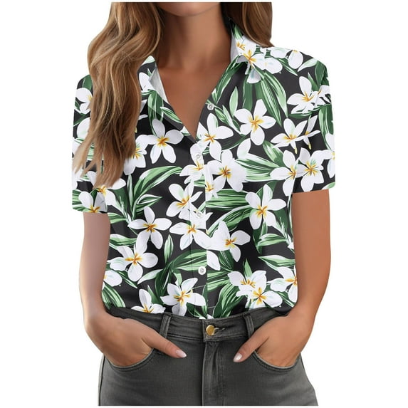 Women Hawaiian Printed Shirt Soft Cool Summer Hawaii Tshirts Plus Size Short Sleeve Button Up Tops V Neck T-Shirt