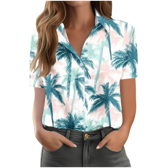 Women Hawaiian Printed Shirt Soft Cool Summer Hawaii Tshirts Plus Size Short Sleeve Button Up Tops V Neck T-Shirt