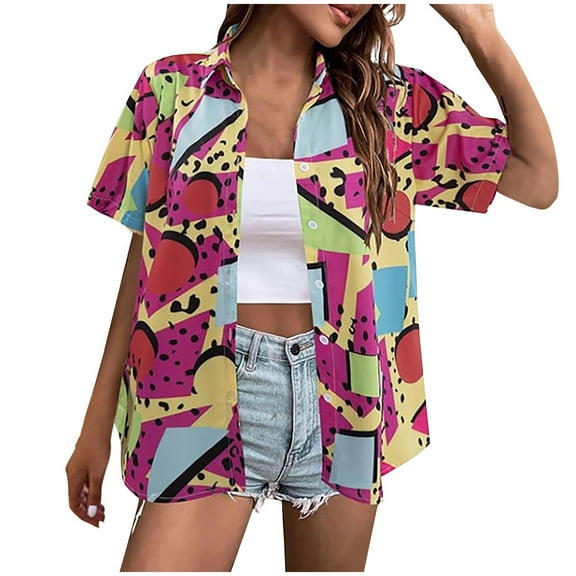 Women Hawaiian Shirt Soft Cool Summer Hawaii Beach Shirts Floral Tropical Print V Neck T-Shirt Short Sleeve Button Up Blouse Tops