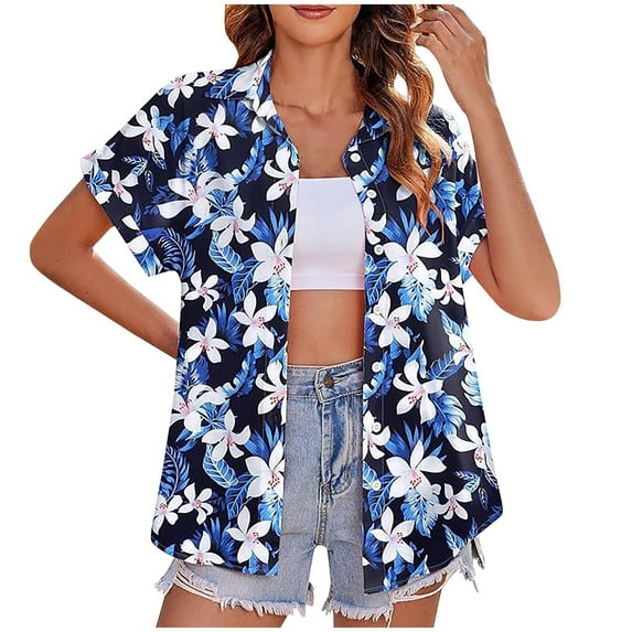 Women Hawaiian Shirt Soft Cool Summer Hawaii Beach Shirts Floral Tropical Print V Neck T-Shirt Short Sleeve Button Up Blouse Tops