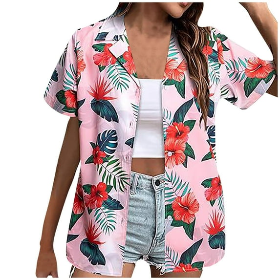 Women Hawaiian Shirt Soft Cool Summer Hawaii Beach Shirts Floral Tropical Print V Neck T-Shirt Short Sleeve Button Up Blouse Tops