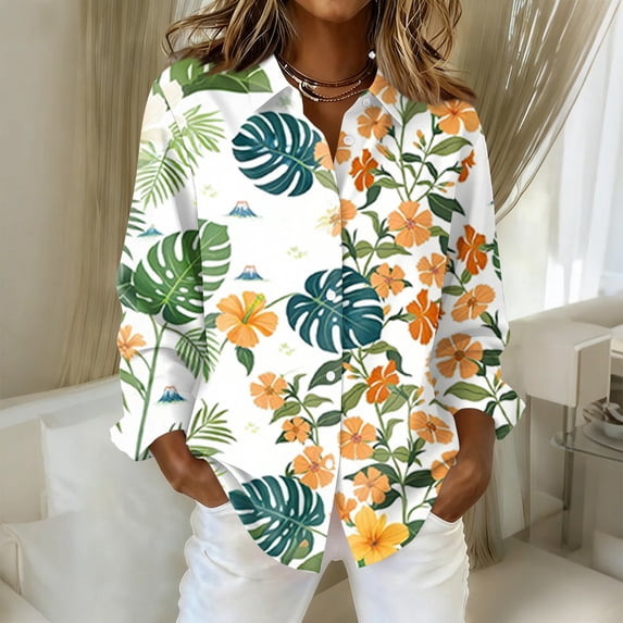 Women Hawaiian Shirt Summer Hawaii Long Sleeve Tshirts Beach Tropic Print V Neck Button up Tops Floral Soft Cool Tops