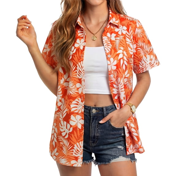 Womens Button Down Shirts Casual Floral Hawaiian Shirt Summer Beach Vacation Tropical Tops Orange