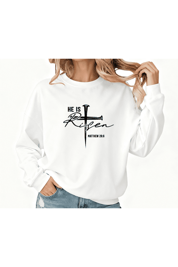Women He Is Risen Graphic Regular Fit Tee Christian Religious T Shirt Top Inspirational Matthew 28 6 Soft Round-neck long-sleeved white S-3XL