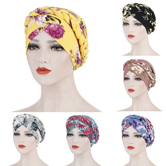 Women Headwrap Flower Print Braid Lady Stretchy No Brim Indian Hat for Four Seasons