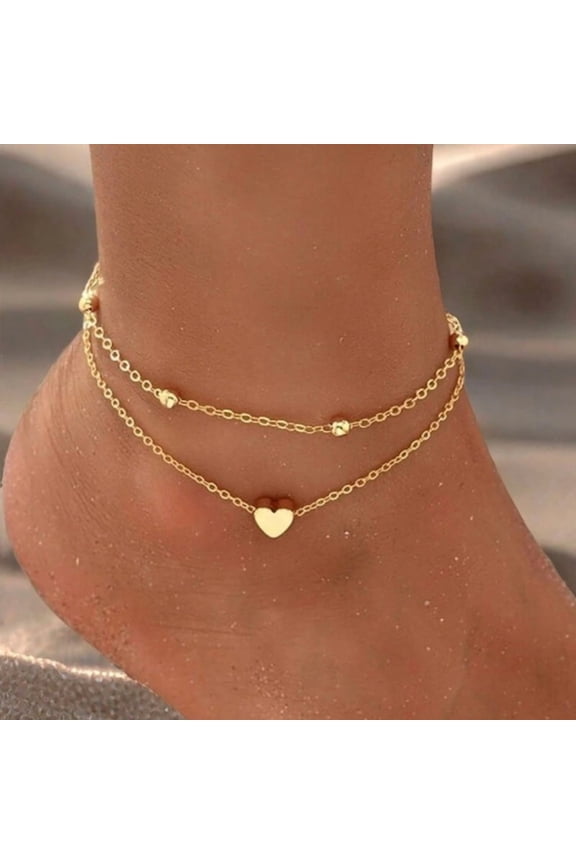Women Adjustable Heart Anklet Layered Beach Ankle Bracelet Gold Alloy Foot Chain Jewelry 1 PCS