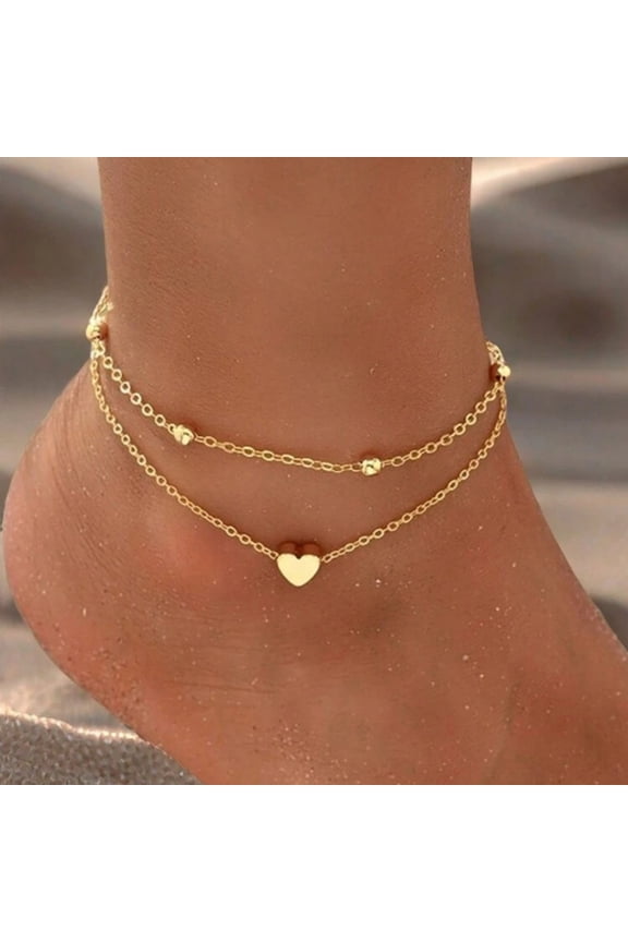 Women Adjustable Heart Anklet Layered Beach Ankle Bracelet Gold Alloy Foot Chain Jewelry 1 PCS