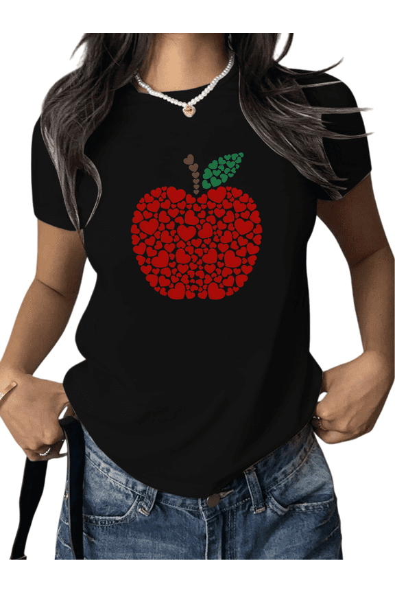 Women Heart Apple Graphic softness Tee Themed T Shirt Top Red Heart Collage Print Short Sleeve Round Neck Black S-5XL