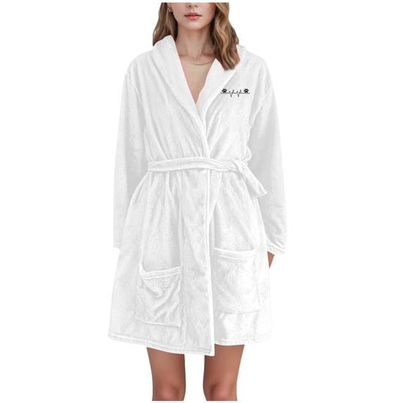 Women Heart Bathrobes Long Sleeve Fleece Plush Soft Shower Robes Belted Absorbent Wrap Warm Kimono Robe White 3XL