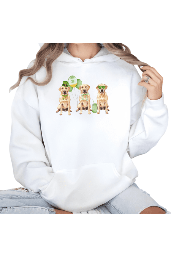 Women Heart Clover Labrador St Patricks Day Cotton Graphic Hooded Long-Sleeved White S-2XL