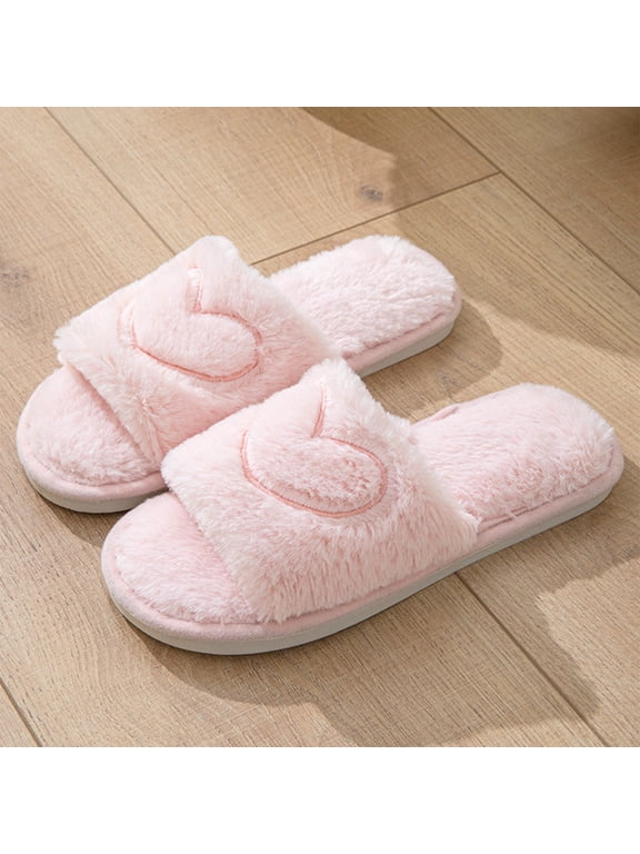 Women Heart Embroidery Fuzzy Slide Slippers Single Strap Open Toe Non Slip Soft Flat Indoor Bedroom House Slides