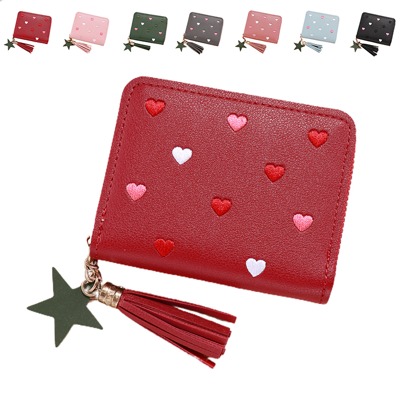 Women Heart Embroidery Wallets Small Bifold Leather Pocket Wallet Ladies Mini Short Purse with