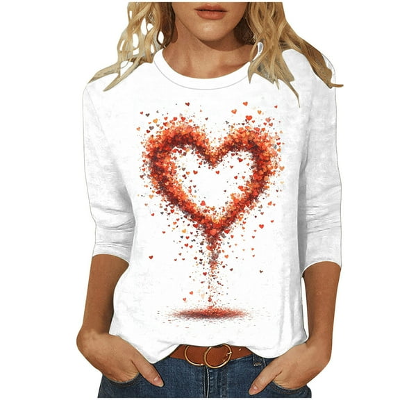 Women Heart Floral T Shirts Valentines Plus Size 3/4 Sleeve Tops Cute Holiday Print Basic Tee Shirt