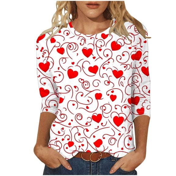 Women Heart Floral T Shirts Valentines Plus Size 3/4 Sleeve Tops Cute Holiday Print Basic Tee Shirt