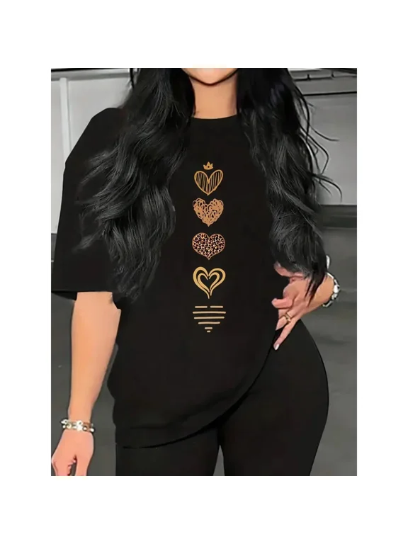Women Heart Graphic T‑Shirt, Leopard & Multi‑Heart Vertical Print Crew Neck Loose Fit Casual Short‑Sleeve Tee For Daily Commute