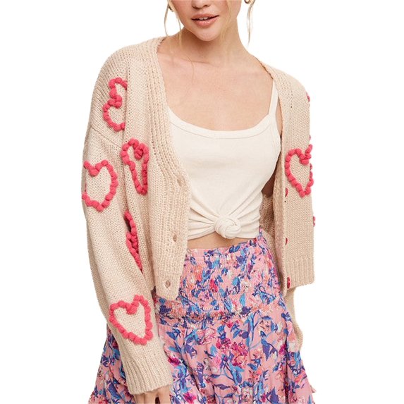 Women Heart Print Cropped Knit Cardigans Long Sleeve Button up Sweaters Fall Spring Knitwear Streetwear