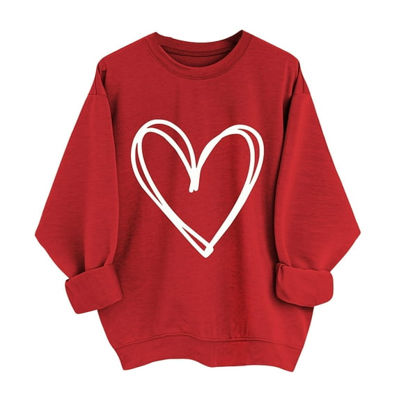 Women Heart Print Sweatshirt Spring Autumn Women Sweatshirt Heart Print Pure Color Round Neck Loose Long Sleeves Pullover Valentines Day Top Fall Long