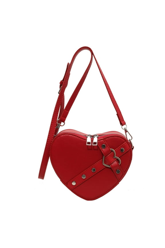 Women Heart Shape Sling Bag Fashion PU Leather Rivet Bag Solid Color Adjustable Strap Crossbody Bag Girls Valentines Day Gift (Red)