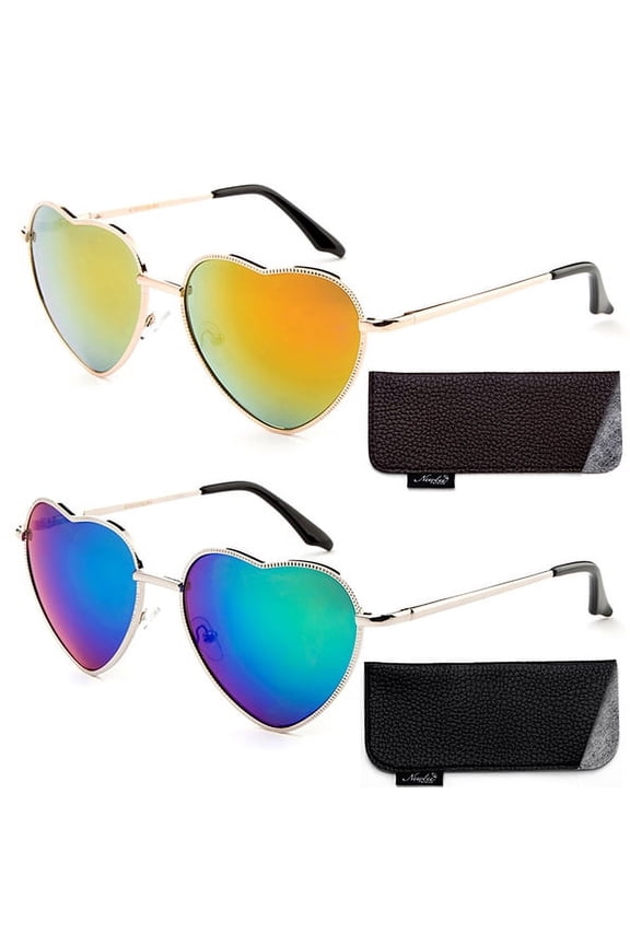 Women Heart Sunglasses Metal Frame Spring Hinged Lovely Aviator Heart Shape Mirror Flash Lens