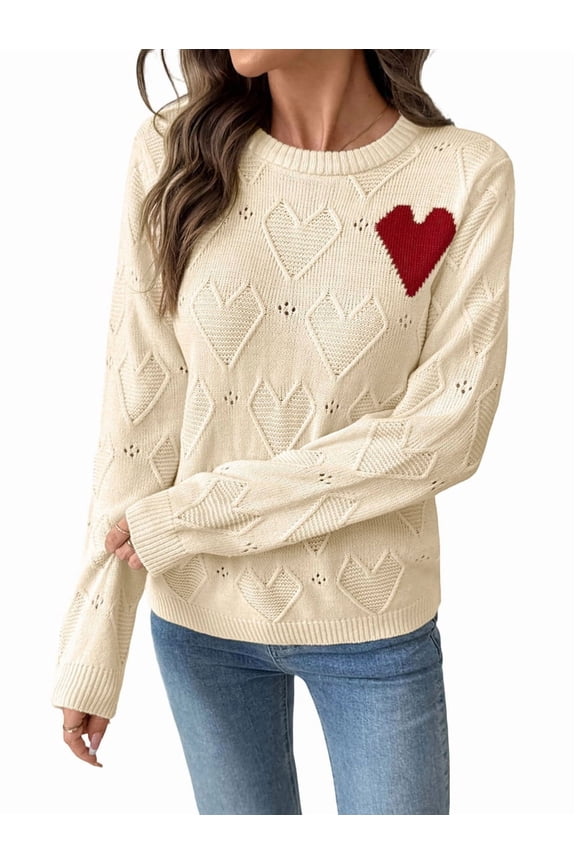 Women Heart Sweater Crew Neck Casual Long Sleeve Loose Fit Love Print Ribbed Knit Sweaters Pullover Top Color L