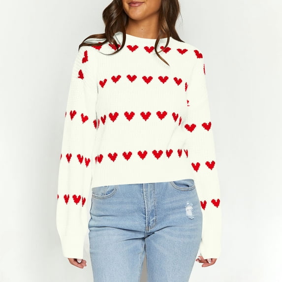 Women Heart Sweater Crewneck Loose Chunky Knit Loose Casual Long Sleeve Cute Pullover Sweaters White M