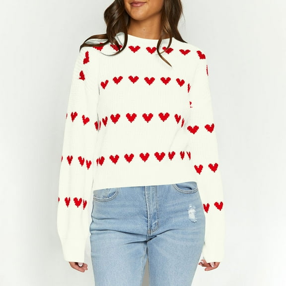 Women Heart Sweater Crewneck Loose Chunky Knit Loose Casual Long Sleeve Cute Pullover Sweaters White XL