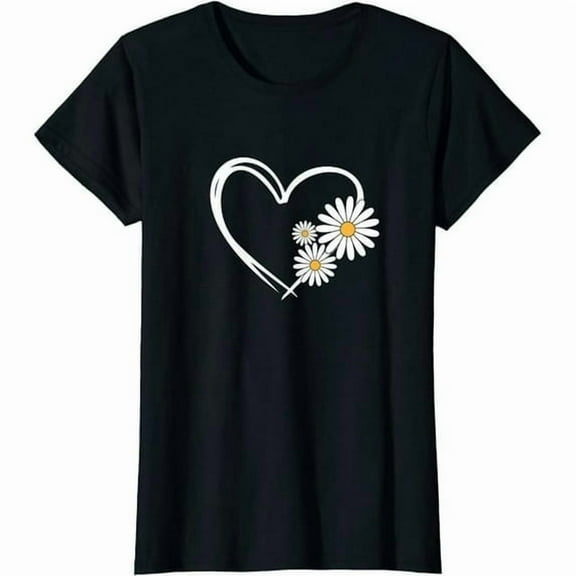 Women Heart With Daisy Flowers, Daisies With Heart Outline T-Shirt