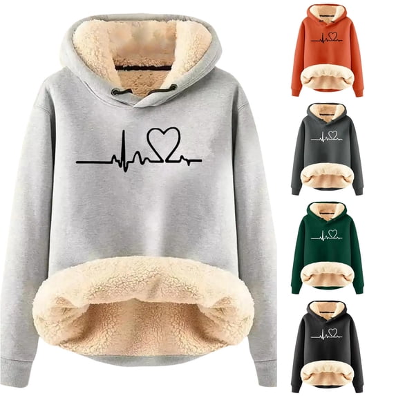 Women Heartbeat Graphic Lined Hoodie Oversized Winter Warm Pullover Sweatshirt Top